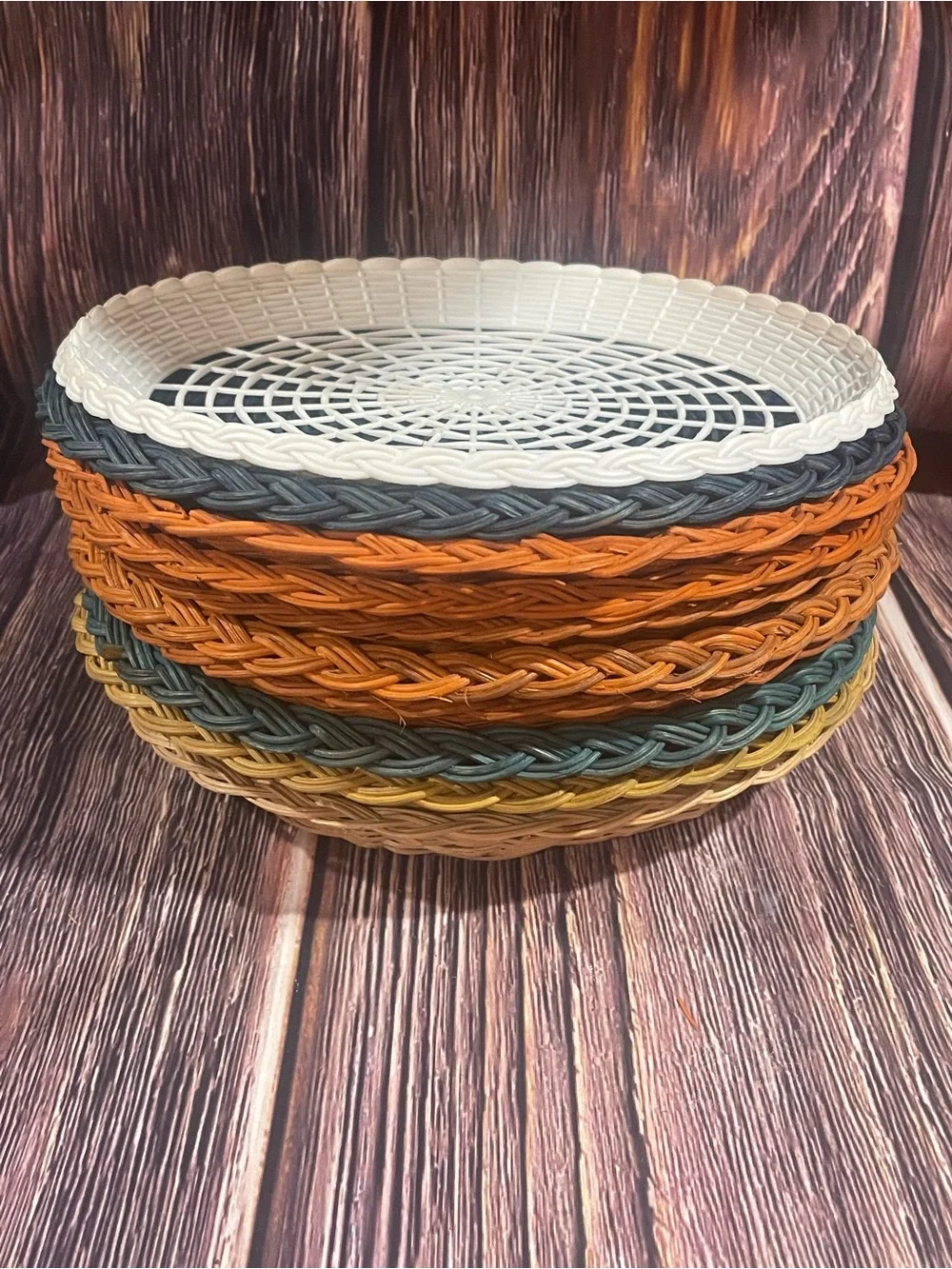 Wicker Plate Holder Woven Multi Color Set Of 10 Orange green tan Brown 9” & 8”